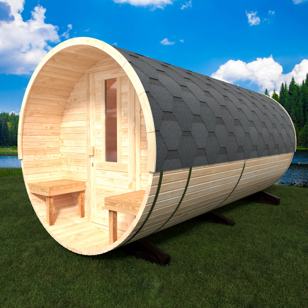 Fasssauna / Gartensauna / Banja / Round 4,0 m mit Balkon und Vorraum